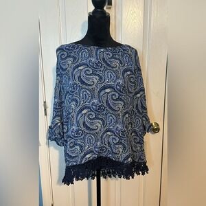 Westport 1962 Womens 2X Blue Paisley Crochet Lace Hem Rayon Blouse Top